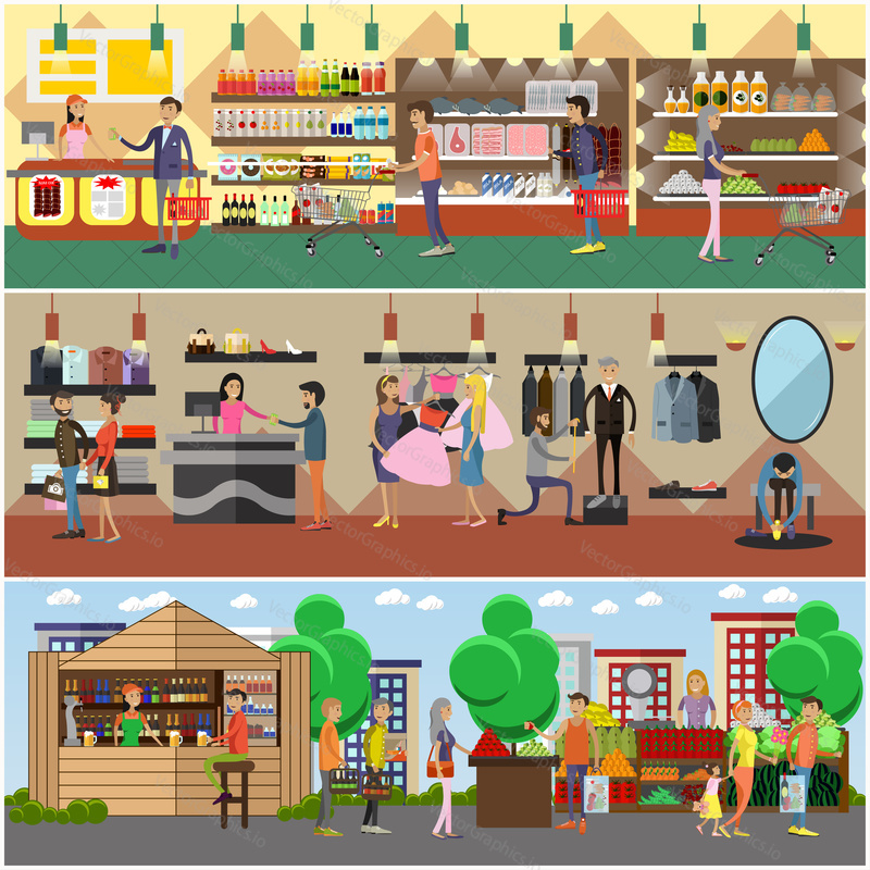 People shopping in a store and local market concept banners. Colorful vector illustration. Customers buy products in food supermarket, trying clothes.