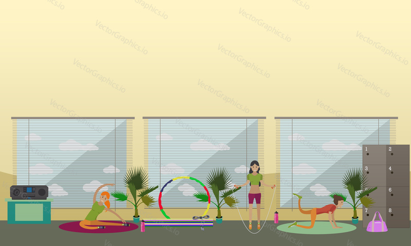 Women are doing exercise and yoga in fitness center. Gym interior vector illustration. Woman fitness banners.