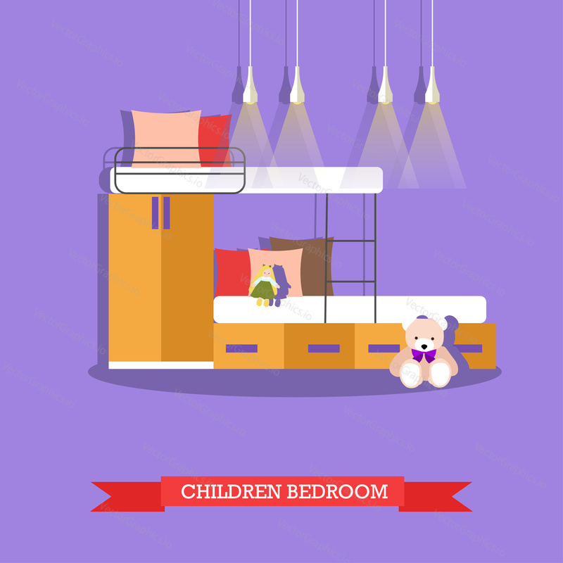 Kids bedroom interior in flat style. Vector illustration. House room design elements and icons.