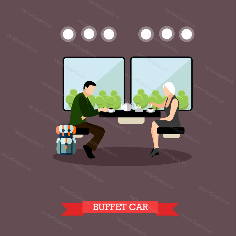 Passengers in train restaurant. Railway car interior. Vector concept poster.