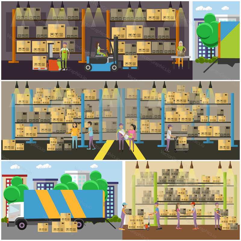 Logistické a doručovací služby concept banner. Interiér skladu. Vektorová ilustrace v designu plochého stylu.