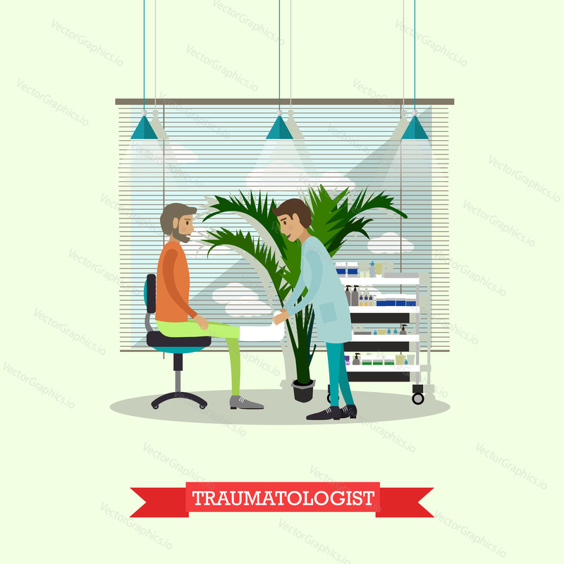 Hospital concept. Traumatologist provides medical check up for patient. Doctor cabinet interior. Vector illustration in flat style. Design elements and icons.