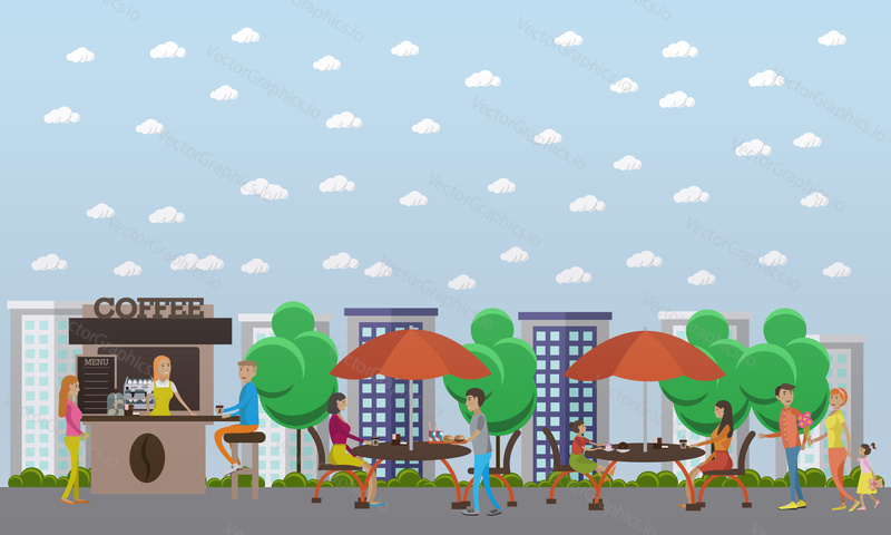 Street coffee shop concept vector banner. Stánek s jídlem v plochém stylu. Designové prvky a ikony. Zákazník u stánku.
