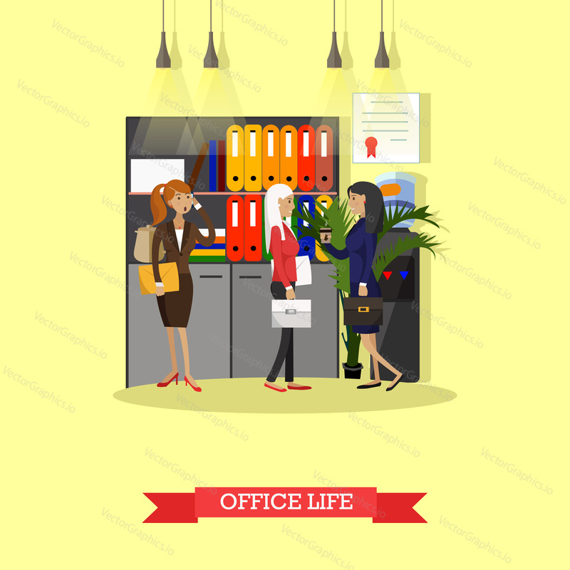 Office life concept vektorové ilustrace v plochém stylu. Pracovnice v interiéru kanceláře. Ženy mají přestávku na kávu a mluví vedle kancelářského chladiče.