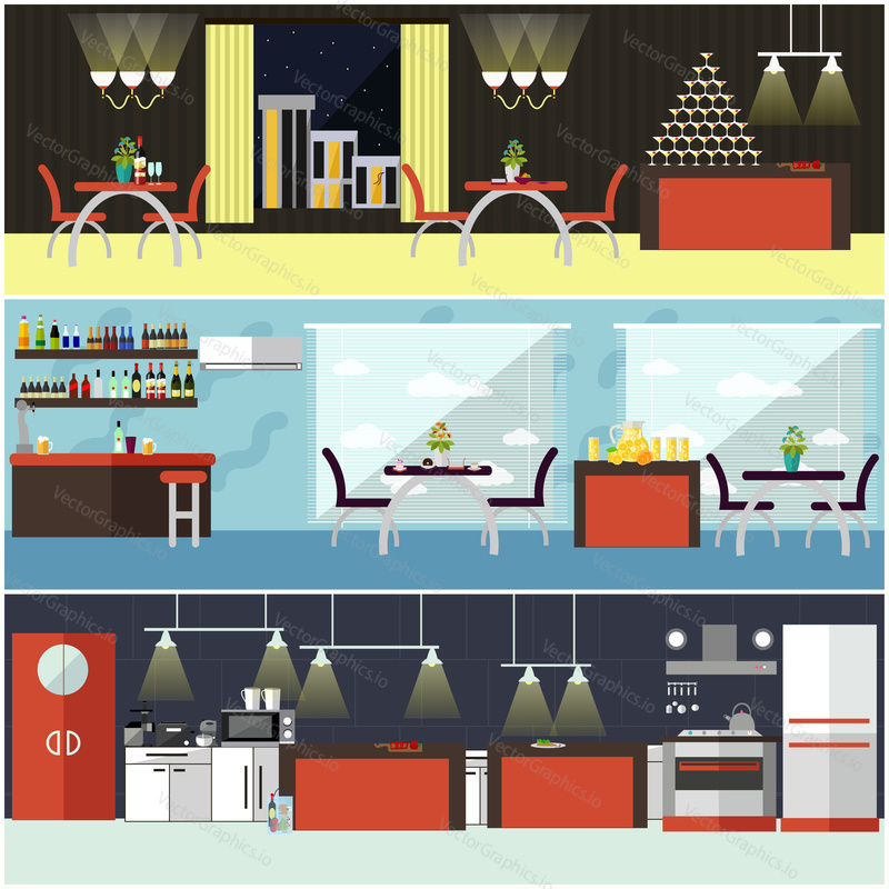 Vector set of banners with restaurant interiors. People having lunch in cafe. Kitchen, dining room and cafe.