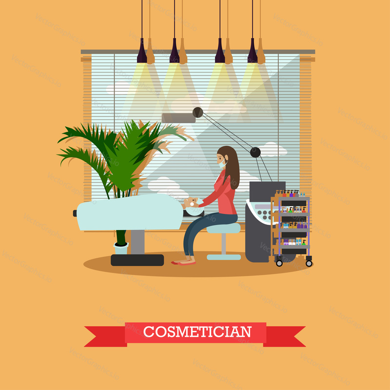 Salon krásy interiér vector concept bannery. Studio pro ošetření pleti. Ilustrace v plochém kresleném stylu.