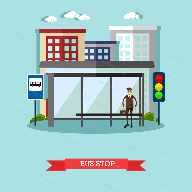 Man waiting for a public transport at bus stop. City urban landscape vector illustration in flat style. Design elements and icons.