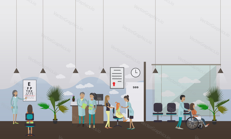 Horizontální vektorový banner s lékaři a nemocničními interiéry. Koncept medicíny. Pacienti procházejí lékařskou prohlídkou. Ploché kreslené ilustrace.