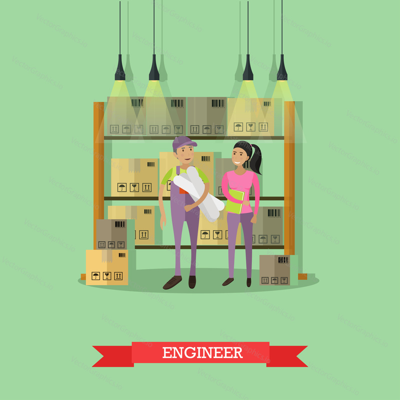 Logistické a doručovací služby concept banner. Skladník. Vektorová ilustrace v designu plochého kresleného stylu. Doručovatel pracující ve skladu a přepravních produktech.