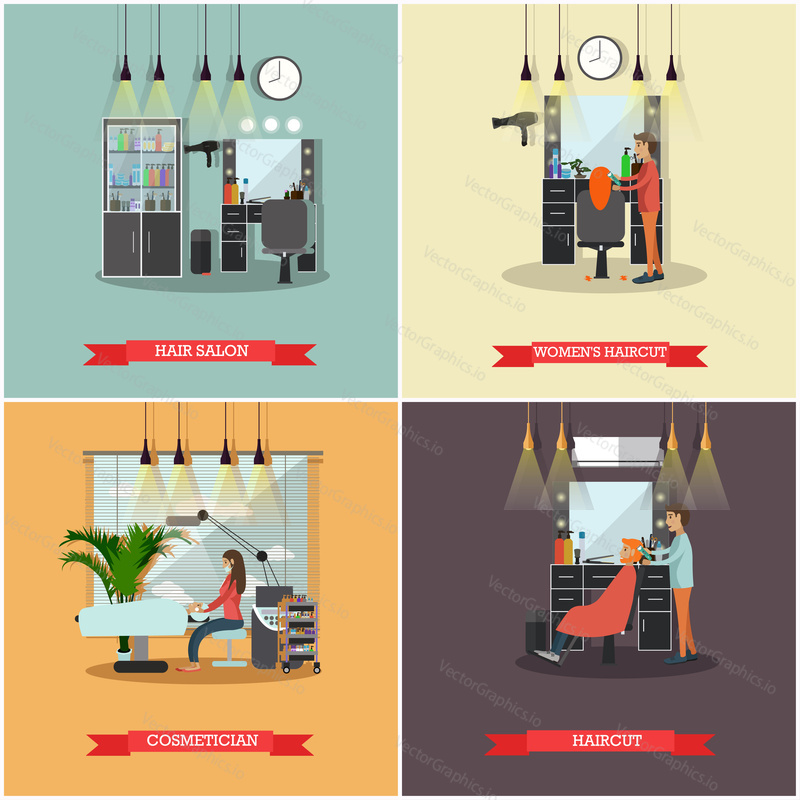 Salon krásy interiér vector concept bannery. Střih, manikúra a make-up ateliér. Ženy v lázeňském a kosmetickém studiu ilustrace v plochém kresleném stylu.