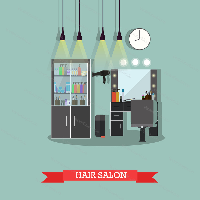 Salon krásy interiér vector concept bannery. Kadeřnické studio. Stříhání ateliéru. Ilustrace v plochém kresleném stylu.
