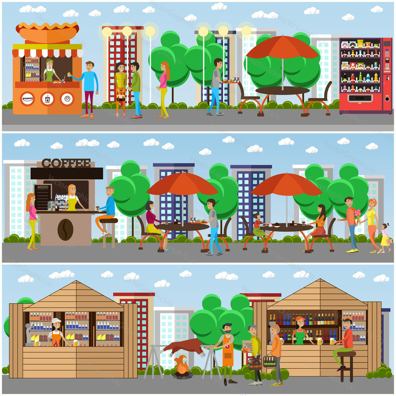 Street food festival concept vector banner. People sell food from stalls in park. Street cafe concept.