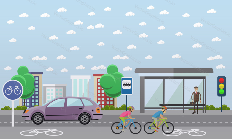 Skupina cyklistů na kolech na silnici. Ulice s cyklostezkou. Cyklistika sportovní koncept cartoon bannery. Vektorová ilustrace v designu plochého stylu.