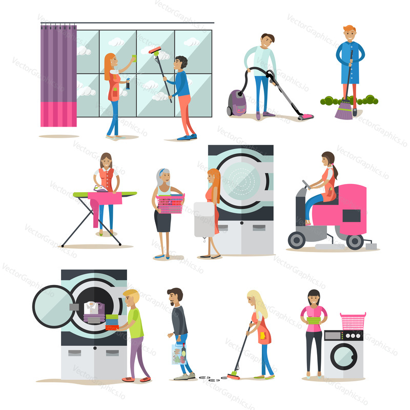 Vector set of cleaning people characters isolated on white background. Cleaning service workers. Cleaning house icons isolated on white background. Woman and man at laundry.