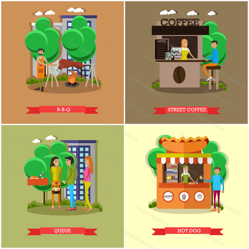 Street food concept vector posters. People sell food from stalls in park. Street cafe concept.