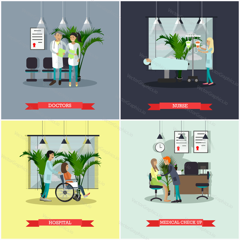 Vector banners set with patients, doctors and hospital interiors. Health care and medicine concept. People in hospital. Medical check up, surgery. Flat cartoon illustration.