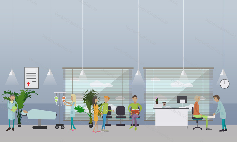 Horizontální banner s lékaři a nemocničními interiéry. Koncept medicíny. Pacienti procházejí lékařskou prohlídkou. Ploché kreslené ilustrace.