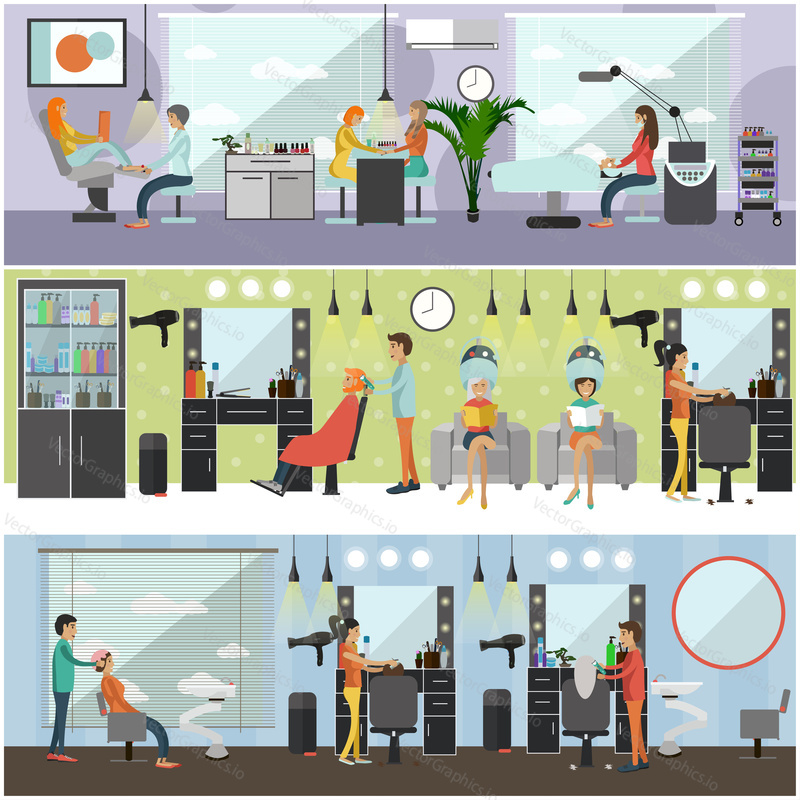 Salon krásy interiér vector concept bannery. Střih, manikúra a make-up ateliér. Ženy v lázeňském a kosmetickém studiu ilustrace v plochém kresleném stylu.