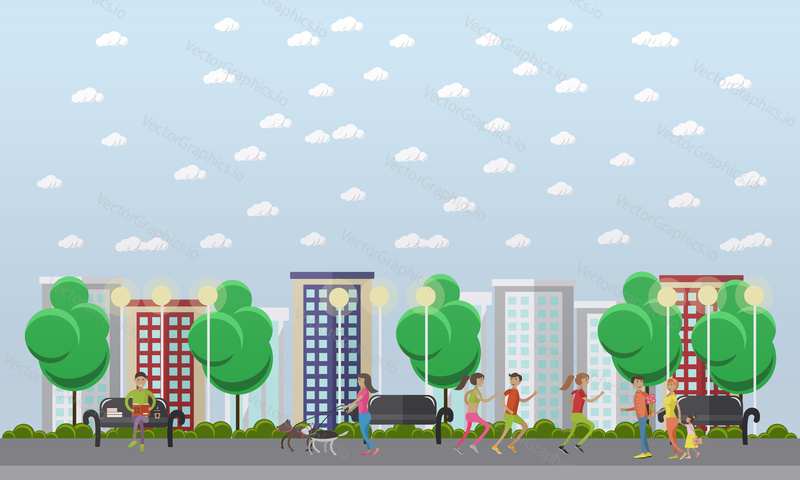People in park concept banner. Time with kids and friends in park. Vector illustration in flat style design.