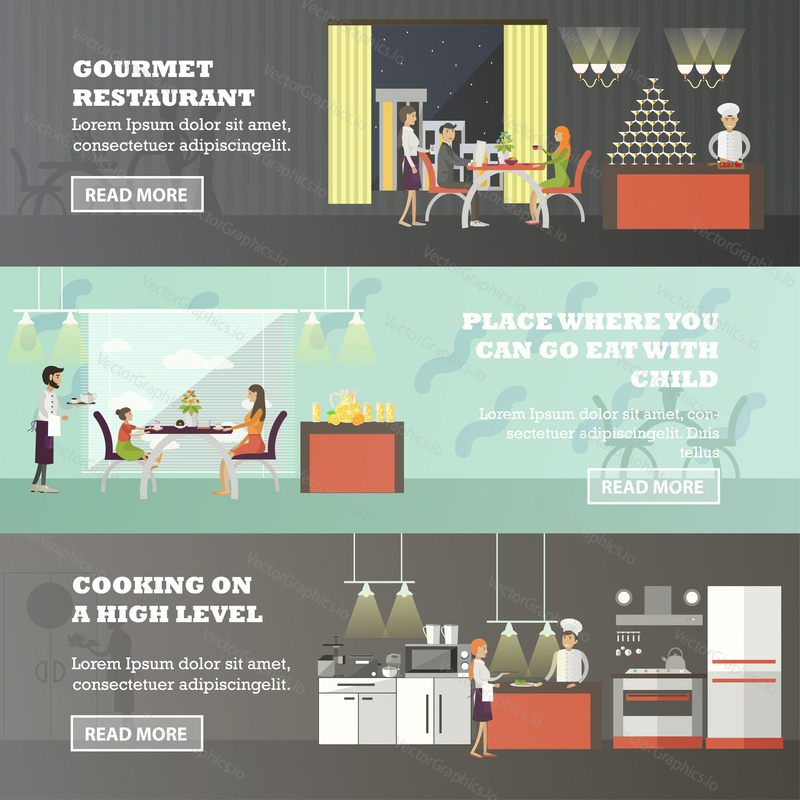 Vector set of banners with restaurant interiors. People having lunch in cafe. Kitchen, dining room and cafe.