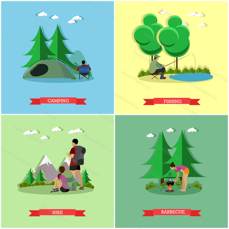Vector set of summer recreation concept banners in flat style. People camping in park, fishing, hiking.
