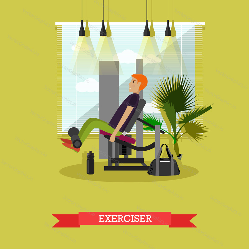Man working out in a gym. Healthy lifestyle concept vector illustration in flat style. Fitness and sport equipment.
