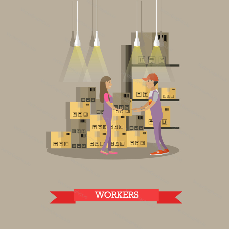 Logistické a doručovací služby concept banner. Skladník. Vektorová ilustrace v designu plochého kresleného stylu. Doručovatel pracující ve skladu a přepravních produktech.