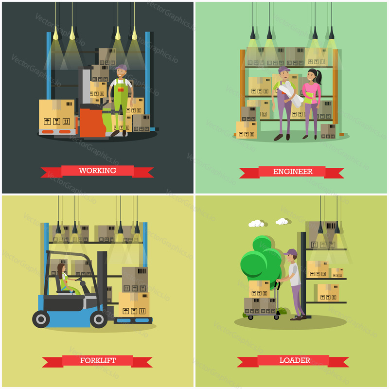 Logistické a doručovací služby concept bannery. Skladník. Vektorová ilustrace v designu plochého stylu. Doručovatel pracující ve skladu a přepravních produktech.