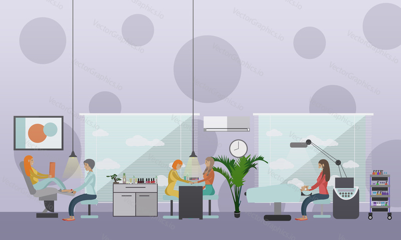 Beauty salon interior vector concept banners. Women in manicure and make up design studio. Illustration in flat cartoon style.