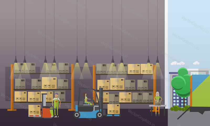 Logistické a doručovací služby concept banner. Interiér skladu. Vektorová ilustrace v designu plochého stylu.