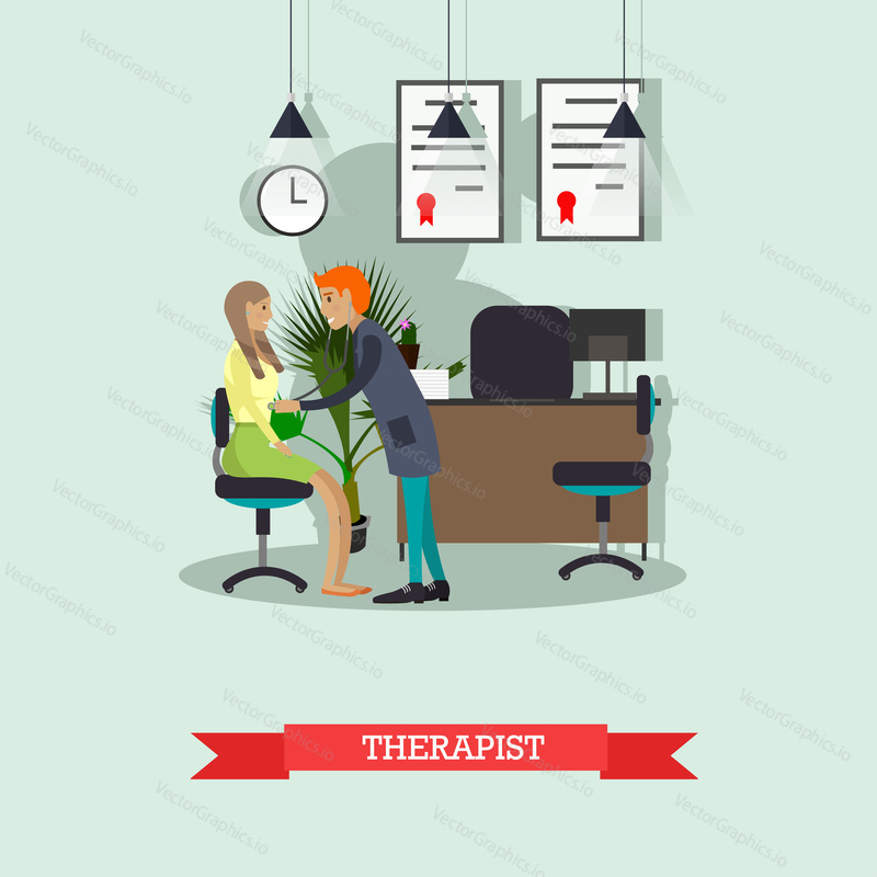Therapist doctor conduct patient medical check up. Doctor cabinet interior. Vector illustration in flat style. Design elements and icons.
