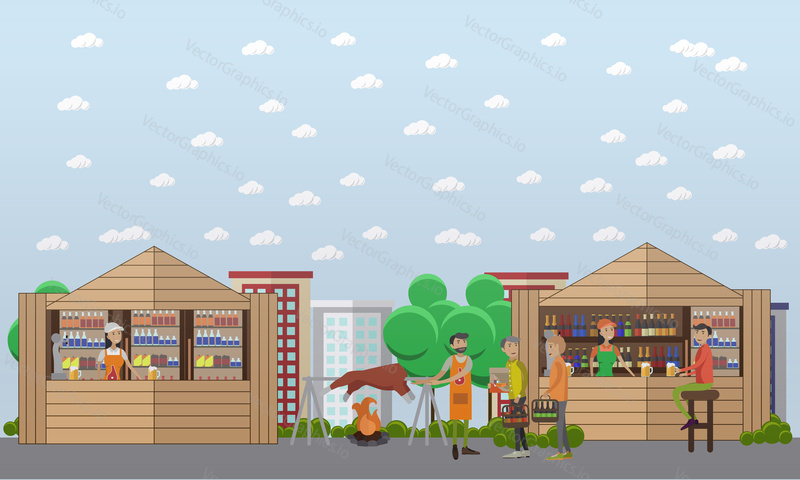 Street food festival concept vector banner. People sell food from stalls in park. Street cafe concept.