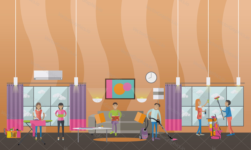 Cleaning service concept vector banner. People cleaning house. Apartment living room interior. Housekeeping company team at work.