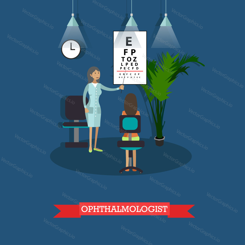 Hospital concept. Ophthalmologist provides medical check up for patient. Doctor cabinet interior. Vector illustration in flat style. Design elements and icons.