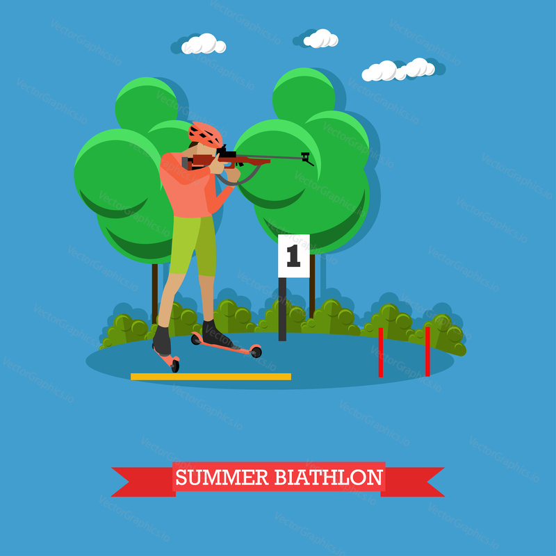 Sportovní střelba banner. Letní biatlonové soutěžní hry Vektorové ilustrace. Lidé ve střeleckých pozicích.