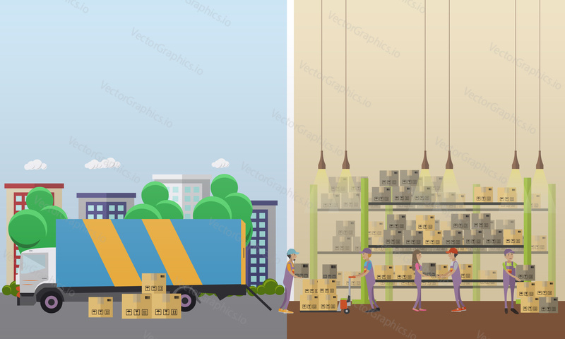 Logistické a doručovací služby concept banner. Interiér skladu. Vektorová ilustrace v designu plochého stylu.