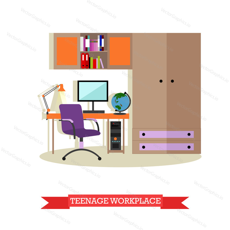 Teenager bedroom interior objects in flat style. Vector illustration. House room design elements and icons.