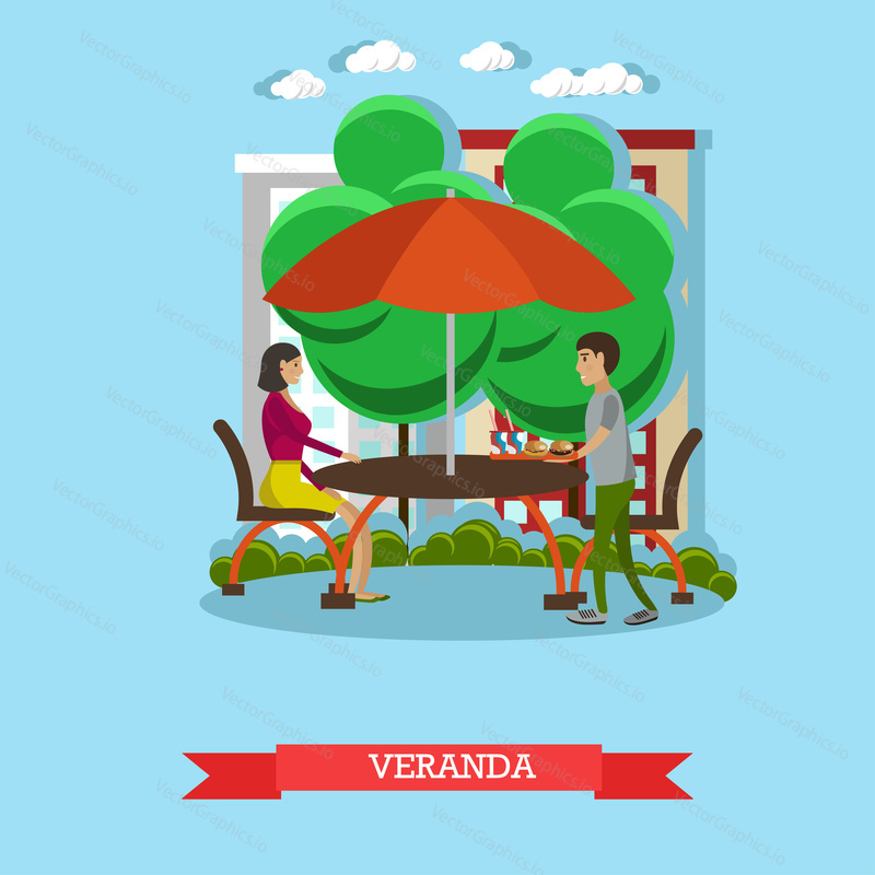 People having lunch on veranda. Vector illustration in flat style design. Street cafe concept poster.