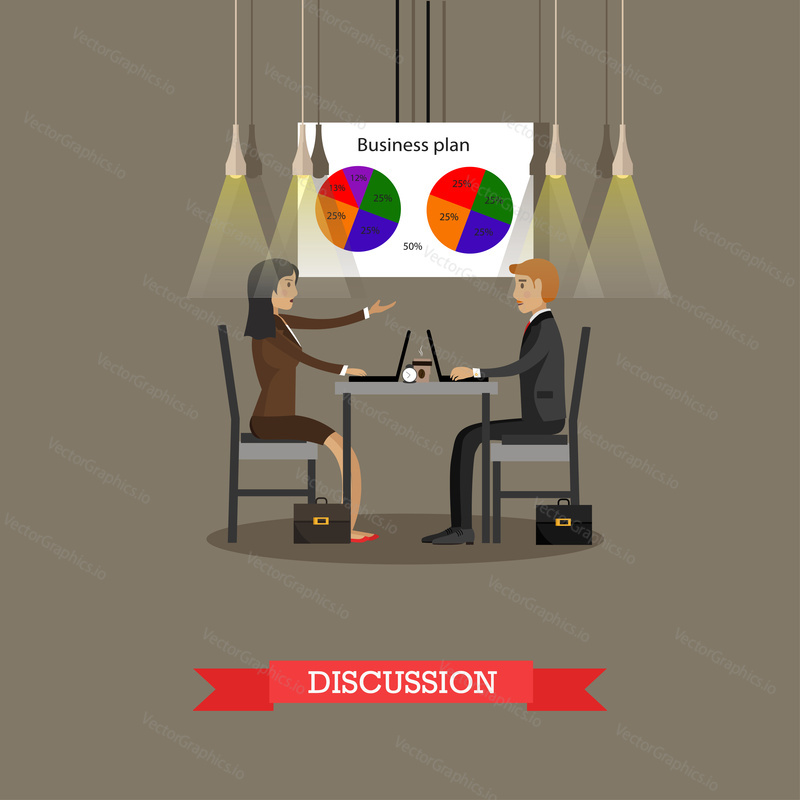 Obchodní diskuse v kanceláři s finančními koláčovými grafy na zdi. Koncept vektorové ilustrace v designu plochého stylu.