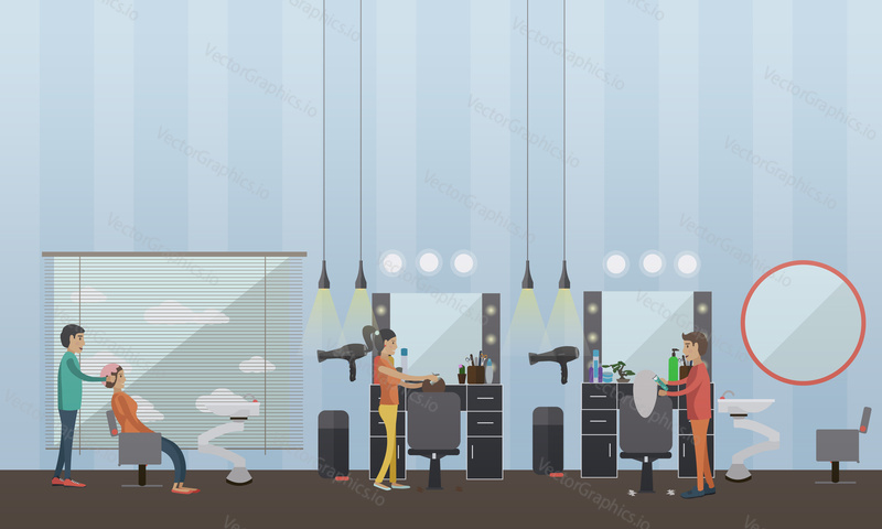 Beauty salon interior vector concept banners. Hair style design studio. Women in haircut atelier. Illustration in flat cartoon style.