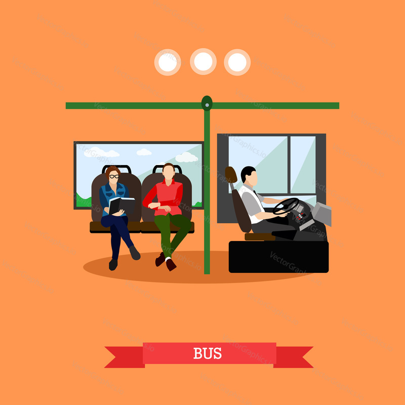 Passengers in public transport concept vector banner. People in bus. Transport interior.
