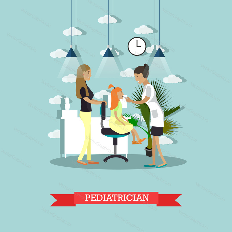 Hospital concept. Pediatrician provides medical check up for kid. Doctor cabinet interior. Vector illustration in flat style. Design elements and icons.