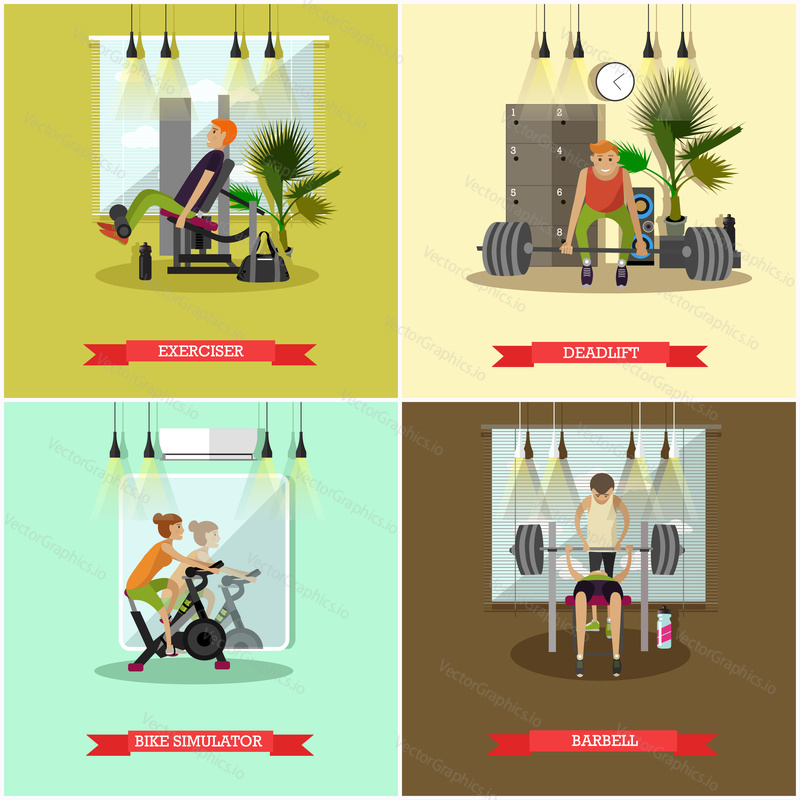 Vektorová sada plakátů v tělocvičně. Fitness a sportovní koncept.