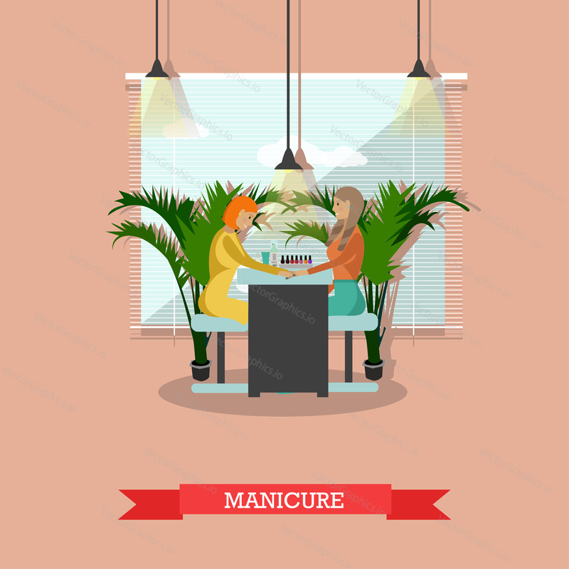 Beauty salon vector concept banners. Women in beauty studio making manicure illustration in flat cartoon style.