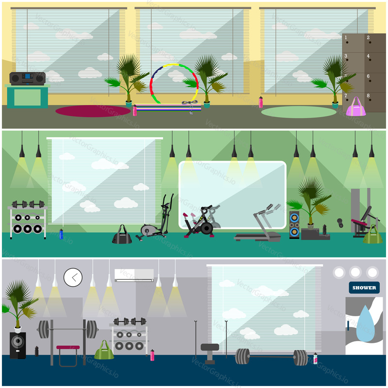 Fitness center interior vector illustration. Work out in gym horizontal banners. Sport activities concept. Yoga, fitness, gym.