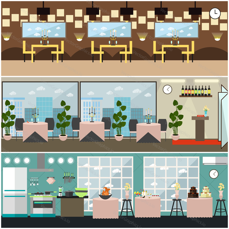 Vector restaurant interior set with kitchen, banquet hall with furniture and decorations. Flat style design illustration.