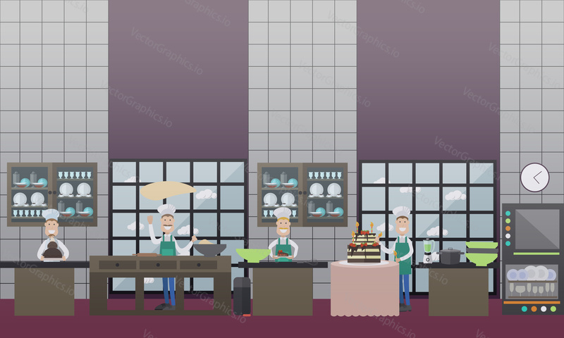 Vector illustration of confectioner decorating big chocolate and fruit cake with two tiers, baker making dough. Restaurant kitchen, confectionery, bakery or candy store interior, flat style design.