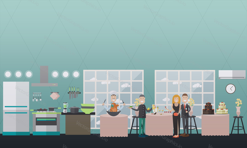Vector illustration of restaurant kitchen and banquet hall interior with cook preparing dish with fire, restaurant guests enjoying wonderful buffet style dinner. Flat style design.