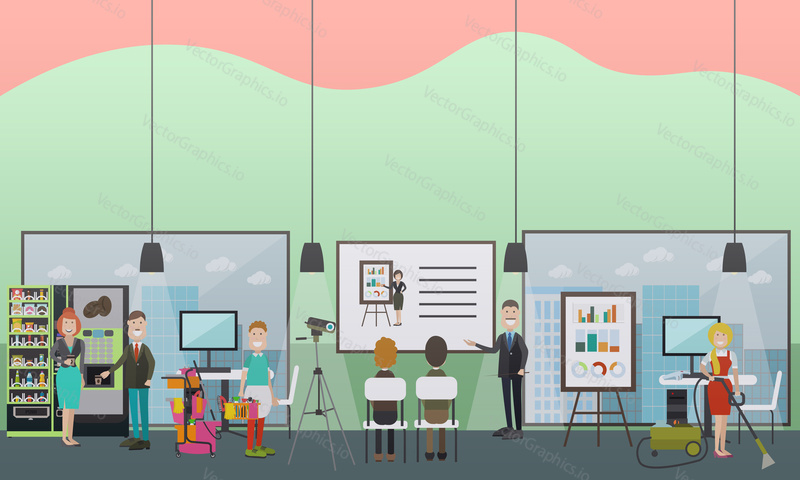 Professional office cleaning services vector illustration. Cleaning lady and cleaner male doing the vacuuming, etc. Cleaning business advertising concept. Flat style design.
