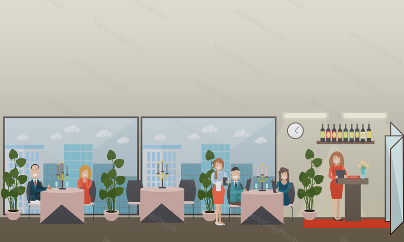 Vector illustration of restaurant interior with receptionist, visitors sitting at tables and waitress taking order. Flat style design.